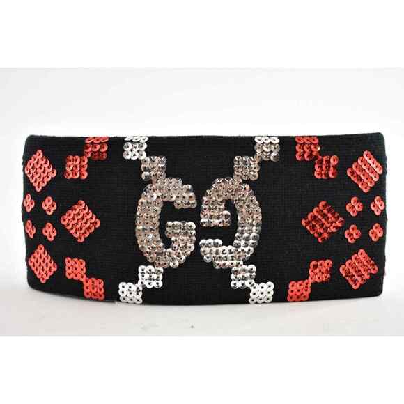 Gucci Black Sequin Silver Red GG Logo Wool Stretchy Headband Hair Small 56cm - Picture 4 of 10